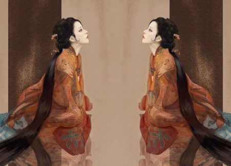Face to face - hmart, frumusete, kimono, asian, gorgeous, girl, orange, collage, hm, superb, brown, fantasy, luminos
