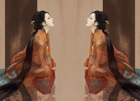 Face to face - brown, collage, girl, hm, kimono, orange, superb, frumusete, fantasy, gorgeous, asian, luminos, hmart