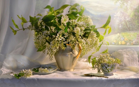 Bird-cherry Still Life - vase, spoon, bird-cherries, still life, cup