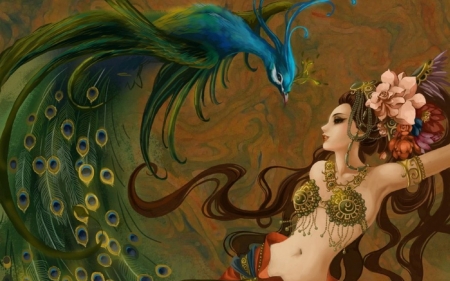 Peacock dancer - paun, bird, dancer, blue, girl, feather, pasari, fantasy, peacock, green, art