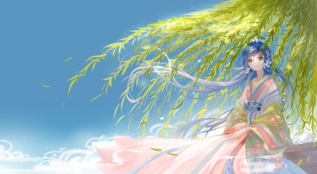 Luo Tianyi - blue, girl, summer, wind, anime, lou tinayi, green, manga, vara