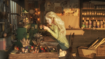 One afternoon - stuff, fantasy, sherry zhang, girl, blonde, room, art, luminos