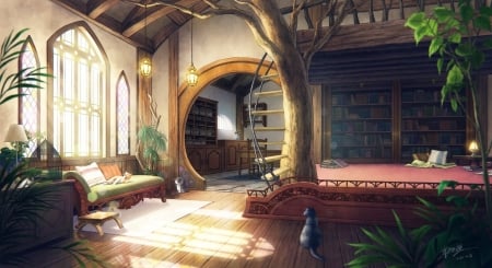 Tree House - house, fantasy, anime, library, original, room, tree, indoor