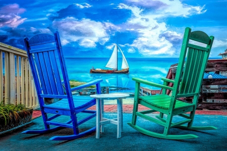 Sail On - clouds, sailboat, digital, sea, chairs, art, sky