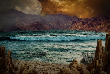 RISING WATERS - MOUNTAINS, LIGHTNING, CLOUDS, SKY, WAVES, OCEAN