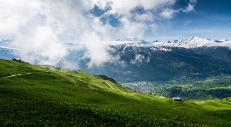 Spring landscape - clouds, hills, landscape, scene, spring, nature, mountains, sky, wallpaper