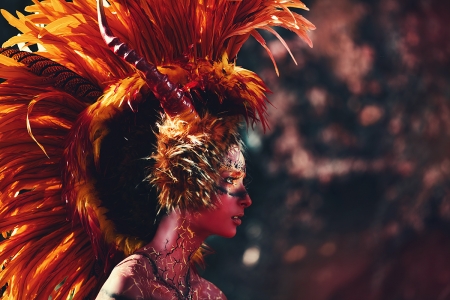 ♥ - model, horns, sonja saur, girl, demon, woman, feather, red, face