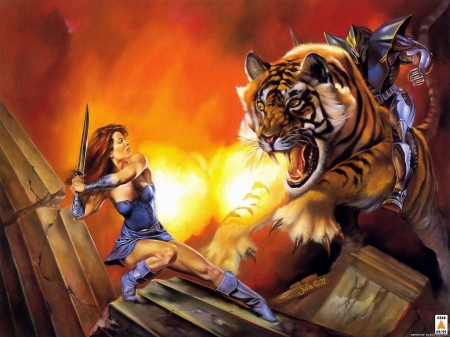 Face to face - boris vallejo, girl, julie bell, orange, tiger, fantasy, amazon, tigru, art, luminos