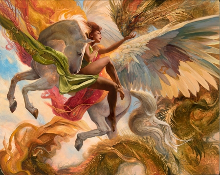 Come with us! - yellow, boris vallejo, frumsuete, pegasus, julie bell, gorgeous, dragon, red, art, luminos, girl, superb, fantasy, wind, white, pictura, wings, painting