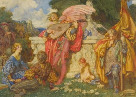 Romance - yellow, wing, girl, romance, angel, pink, man, pictura, instrument, red, painting, eleanor fortescue brickdale, art, song