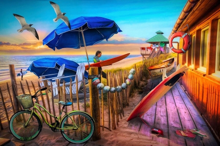 Surfing Cottage by the Sea - beach, digital, fence, art, umbrellas