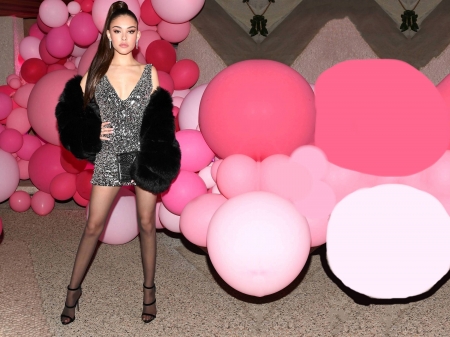 Madison Beer - ponytail, legs, dress, stockings, heels, Madison, beautiful, singer, 2020, Beer, actress, fur, model, balloons, sexy, Madison Beer, feet, wallpaper