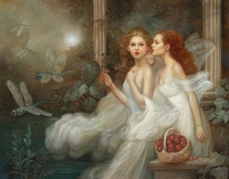 Halcyon garden - annie stegg, halcyon garden, girl, gemini, superb, basket, frumusete, fantasy, white, redhead, gorgeous, fruit, couple, zodiac, luminos