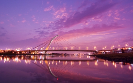 Taiwan - peisaj, pink, reflection, taiwan, bridge, sky, water, sunset