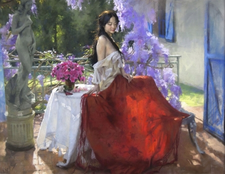 ♥ - vicente romero redondo, summer, girl, flower, pictura, red, painting, garden, art, vara