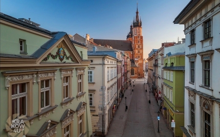 Krakow, Poland - street, Poland, church, houses, Krakow