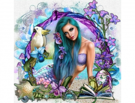 MERMAID - HAIR, FEMALE, MERMAID, BLUE, SEASHELLS