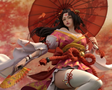 Fantasy girl - hekl, hand fan, frumsuete, girl, fantasy, umbrella, evantai, parasol, red, luminos