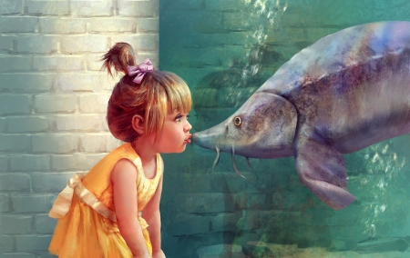 First kiss - water, summer, girl, copil, orange, child, green, cute, kiss, pesti, alon chou, fish, vara