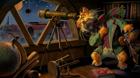:D - art, cat, spider, illustration, orange, pisici, fantasy, green, lev fabrichnov, luminos