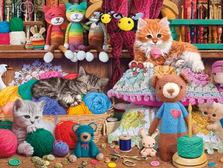 ♥ - colorful, kitten, toy, art, cute, mouse, teddy, pisici, luminos, frumsuete