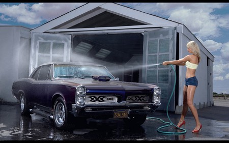 CAR WASH BABE - shorts, women, water, model, gto, pontiac gto, dodge, girl, car, sexy, wash, sportscar, cars, plymouth, pontiac