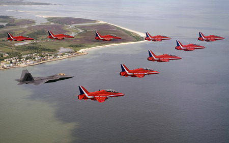 The Red Arrows & The Raptor. - jet, red, hawks, f22, display, arrows, fighter, raptor