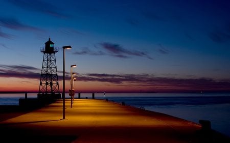 Lighted Walkway At Dusk - nature, ocean, walkway, sunset, sunrise, lighted