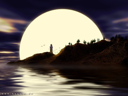 Dreaming - monchrome moon, sky, lighthouse, sea