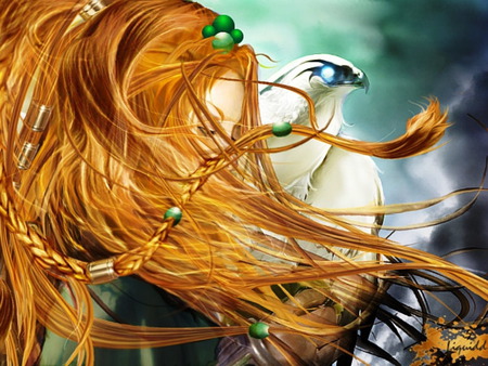 Girl With Falcon - green beads, beauty, fall hair, red hair, bird, white, falcon, golden, glowing eyes, long