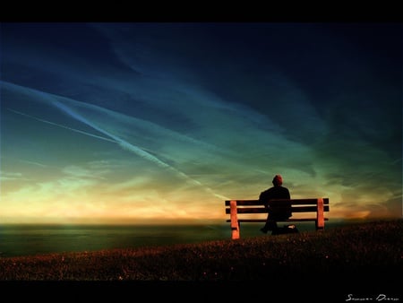 summer alone - alone, freedom, free, sunset, nature, loneliness, bench, field, thinking, sky