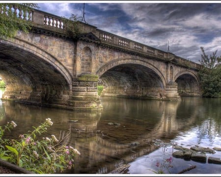 A beautiful bridge - sky, clouds, river, water, flowers