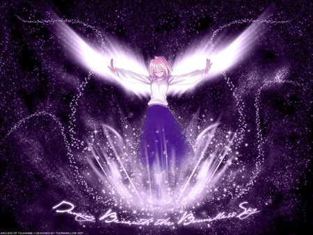 Dancing Beneat The Boundless Sky - anime, anime girl, female, wing, girl, angel, light, dark, black, purple, fairy, cute, dance, sky