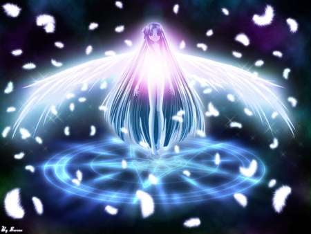 Winged Purity - girl, angel, female, light, anime girl, black, pure, purple, dark, pink, wing, blue, anime, feather, fairy, cute