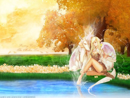 Resting under the mother Tree - anime, anime girl, female, water, wing, girl, flower, horse, tree, elf, river, fantasy, animal, cute, unicorn