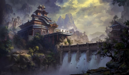 Fantasy - art, chengwei xu, fantasy, luminos, temple, waterfall, world