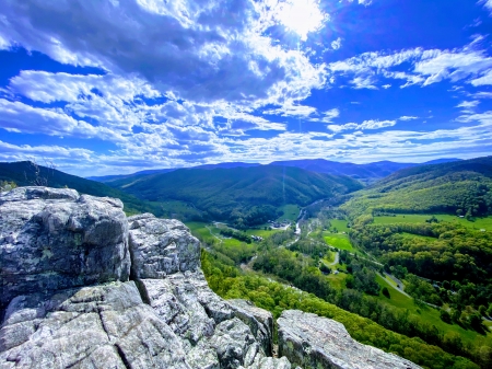 In The Distance - clouds, skies, blue, green, mountains