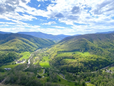 Valley Below - clouds, roads, trees, white, high, green, peak, mountains