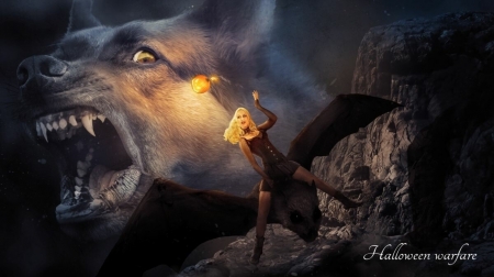 Halloween Warfare - dog, halloween, jerome brack, fantasy, pumpkin, bat, girl, luminos