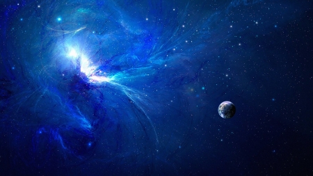 Blue explosion - space, fantasy, cosmos, blue, planet, luminos