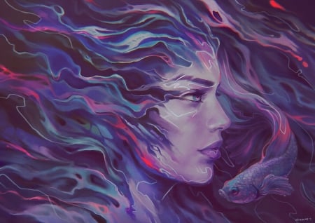 Overthink by Giriraj Tangkengko - giriraj tangkengko, girl, pink, sumemr, fantasy, purple, face, pesti, fish, art, vara, luminos