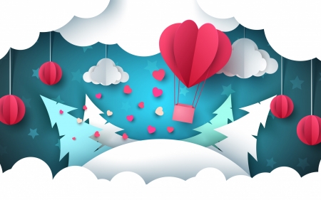 ♥ - heart, blue, pink, mountain, tree, hot air balloon, white, valentine, cloud, texture, paper