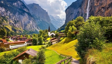 Staubbach falls, Switzerland - summer, beautiful, mountain, village, fall, waterfall, Switzerland, houses, peaceful, rocks