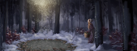 Faerie circle by Amy Self - winter, snow, girl, forest, basket, fantasy, iarna, fairy, circle, art, luminos, amy self