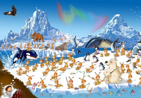 Dream - art, blue, bunny, dream, fantasy, francois ruyer, iarna, penguin, rabbit, whale, white, winter