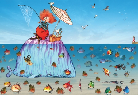 The Witch - francois ruyer, umbrella, sea, art, parasol, witch, woman, summer, fantasy, pesti, fish, water, vara