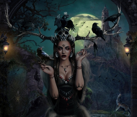 THE RAVEN QUEEN - MOON, BIRDS, WOLF, RAVENS, GOTHIC, FEMALE, CASTLE