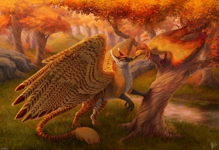 Friendly Meeting by Aurru - bird, phoenix, orange, tree, creature, fantasy, toamna, autumn, wings, griphon, luminos, aurru