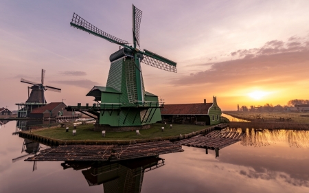 Windmills in Netherlands - calm, water, Netherlands, windmills, reflection