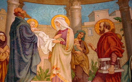 Presentation in Temple - anna, baby, jesus, josaph, mary, mosaic, simeon, temple
